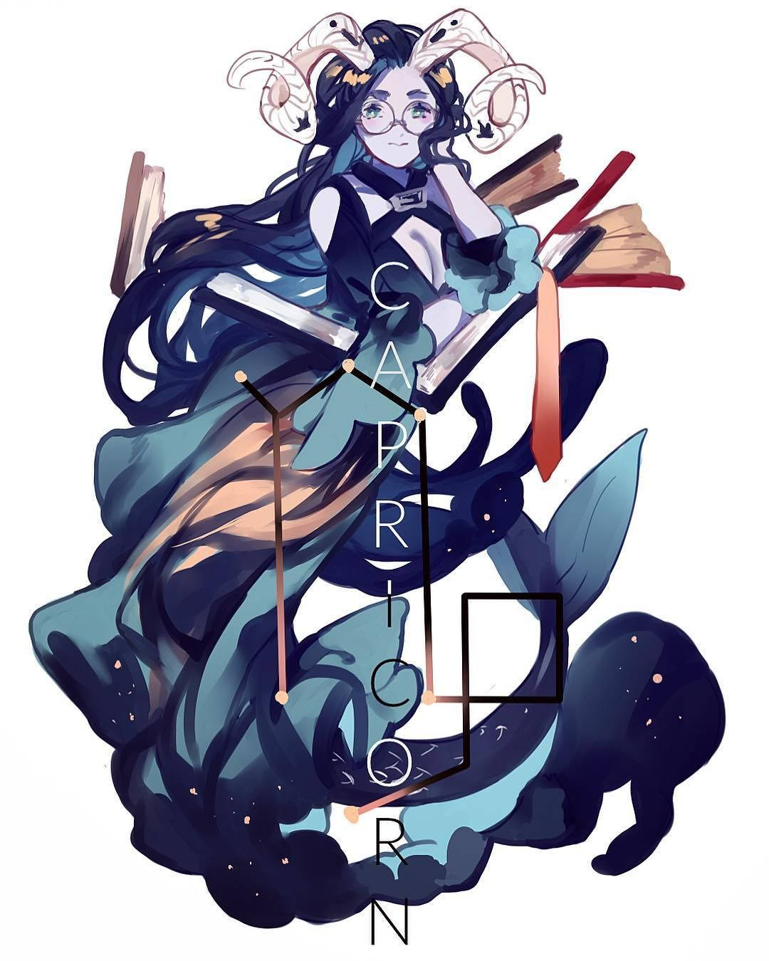 Capricorn 桌布 壁紙 — 一個有公羊角和眼鏡的動漫女孩，拿著書本和掃帚，周圍是宇宙漩渦和摩羯座這個詞。