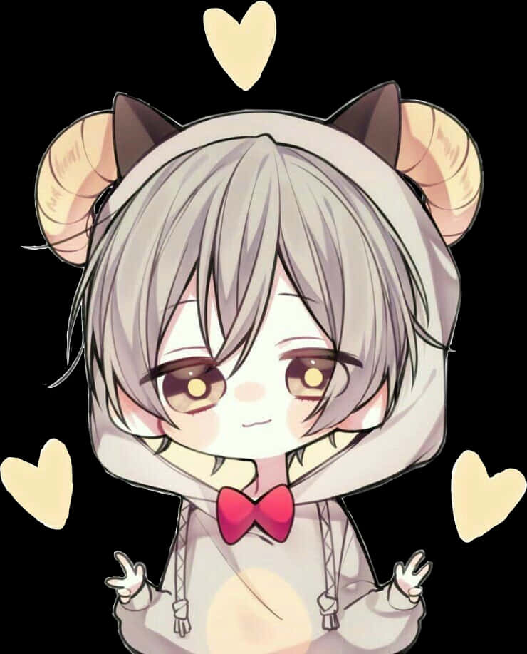 Anime Chibi 桌布 壁紙 — 一個有公羊角和連帽衫的Q版動漫角色在黑色背景前被漂浮的心形包圍，甜美微笑。
