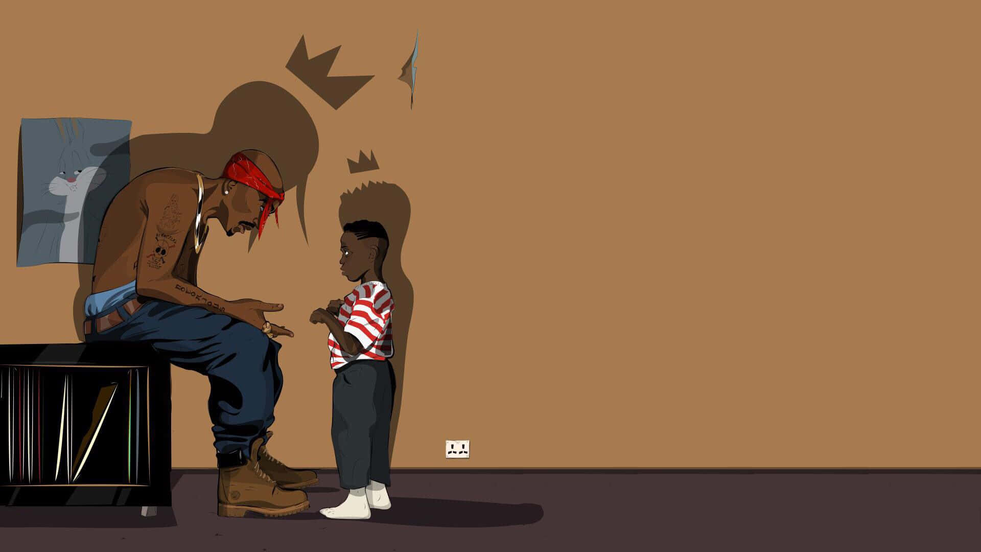 tupac 桌布 壁紙 — 一個有刺青、戴紅色頭巾的男人坐在電視櫃上，與一個穿著條紋衫的小孩在純棕色牆前交談。