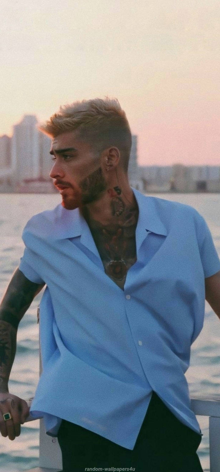 One Direction 桌布 壁紙 — 一個有刺青、穿著藍色襯衫的男人在日落時站在水邊，背後是城市天際線。