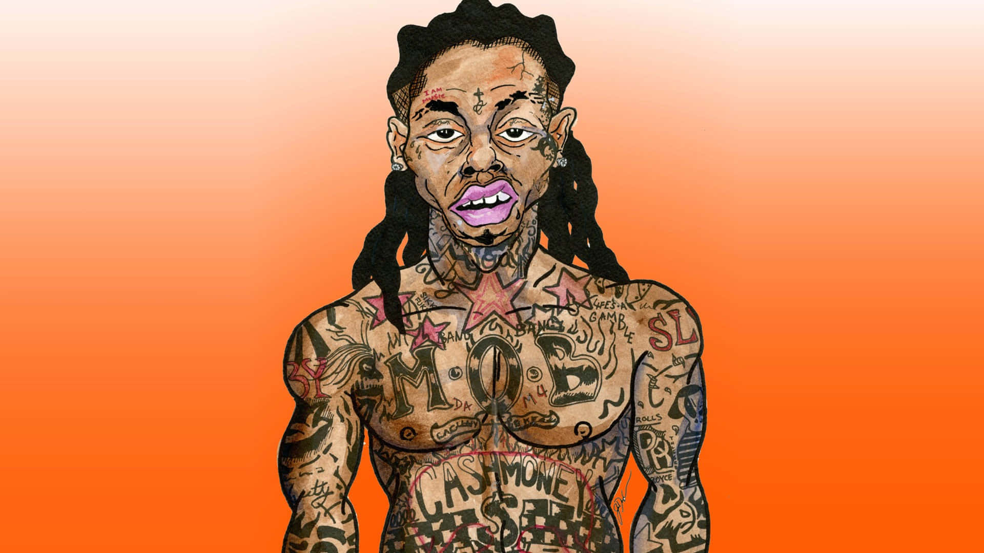 69 Rapper 桌布 壁紙 — 一個有刺青、辮子頭髮和紫色嘴唇的男人站在橙色漸變背景前。