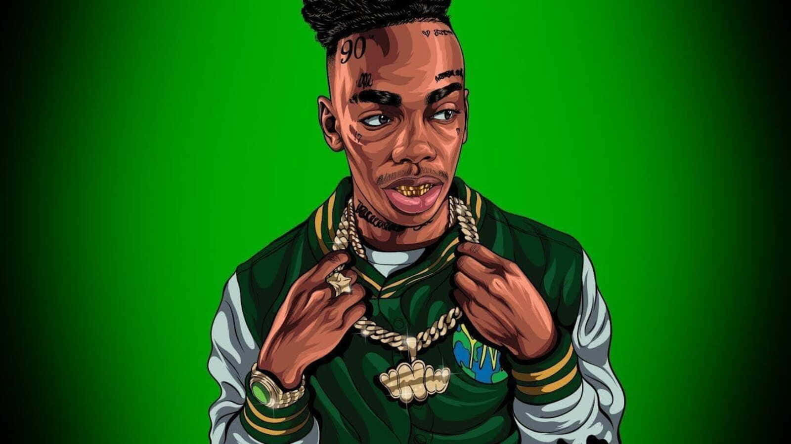 Ynw Melly Cartoon 桌布 壁紙 — 一個有刺青和戴金鍊的男人，在充滿活力的綠色背景上的風格化插圖。
