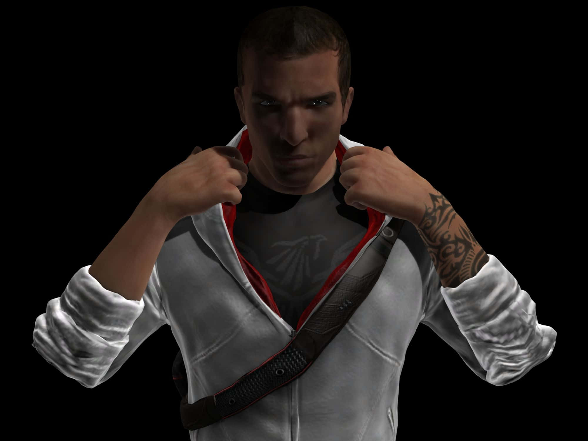 Desmond Miles 桌布 壁紙 — 一個有刺青手臂的男人拉開他的白色連帽衫，露出黑色背景上帶有鳥標誌的灰色T恤。