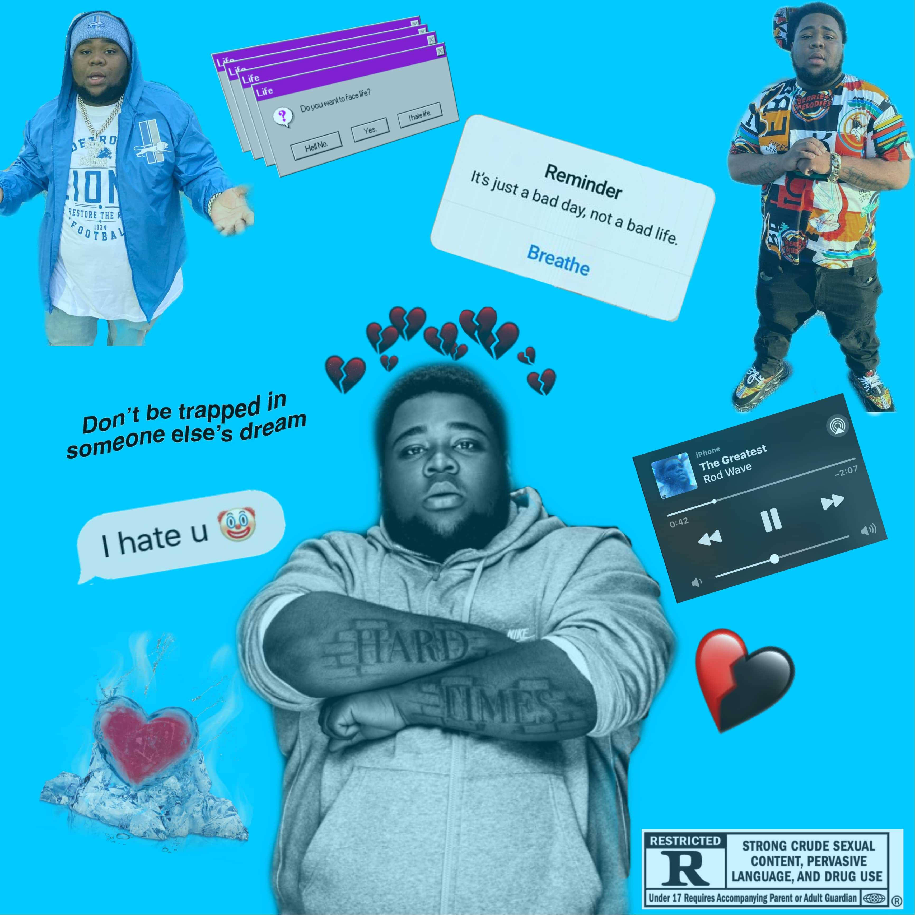 羅德·韋夫 桌布 壁紙 — 一個有刺青手臂的男人站在舞台中央，被數位彈出視窗和情感文字疊加環繞，背景是明亮的藍色。