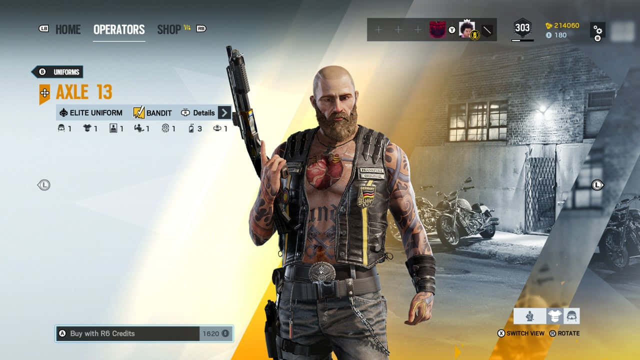 Rainbow Six Siege Bandit 桌布 壁紙 — 一個有刺青的光頭鬍鬚男在夜晚的陰暗城市後巷中手持霰彈槍。