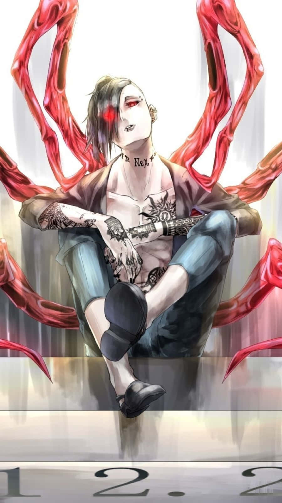 Tokyo Ghoul Uta 桌布 壁紙 — 一個有刺青的動漫角色，紅眼睛，流動的紅色觸鬚，盤腿坐在反光表面上。
