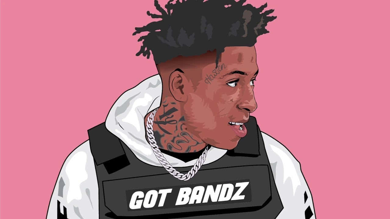 NBA YoungBoy 桌布 壁紙 — 一個有刺青的男人，穿著 'GOT BANDZ' 背心，在純粉紅色背景前的風格化插圖。