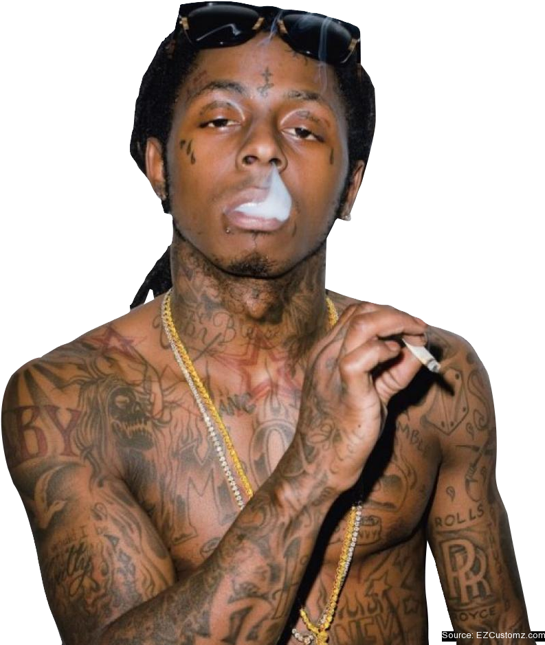 wayne 桌布 壁紙 — 一個有刺青的男人，頭上戴著太陽眼鏡，在黑色背景前拿著香煙呼出煙霧。