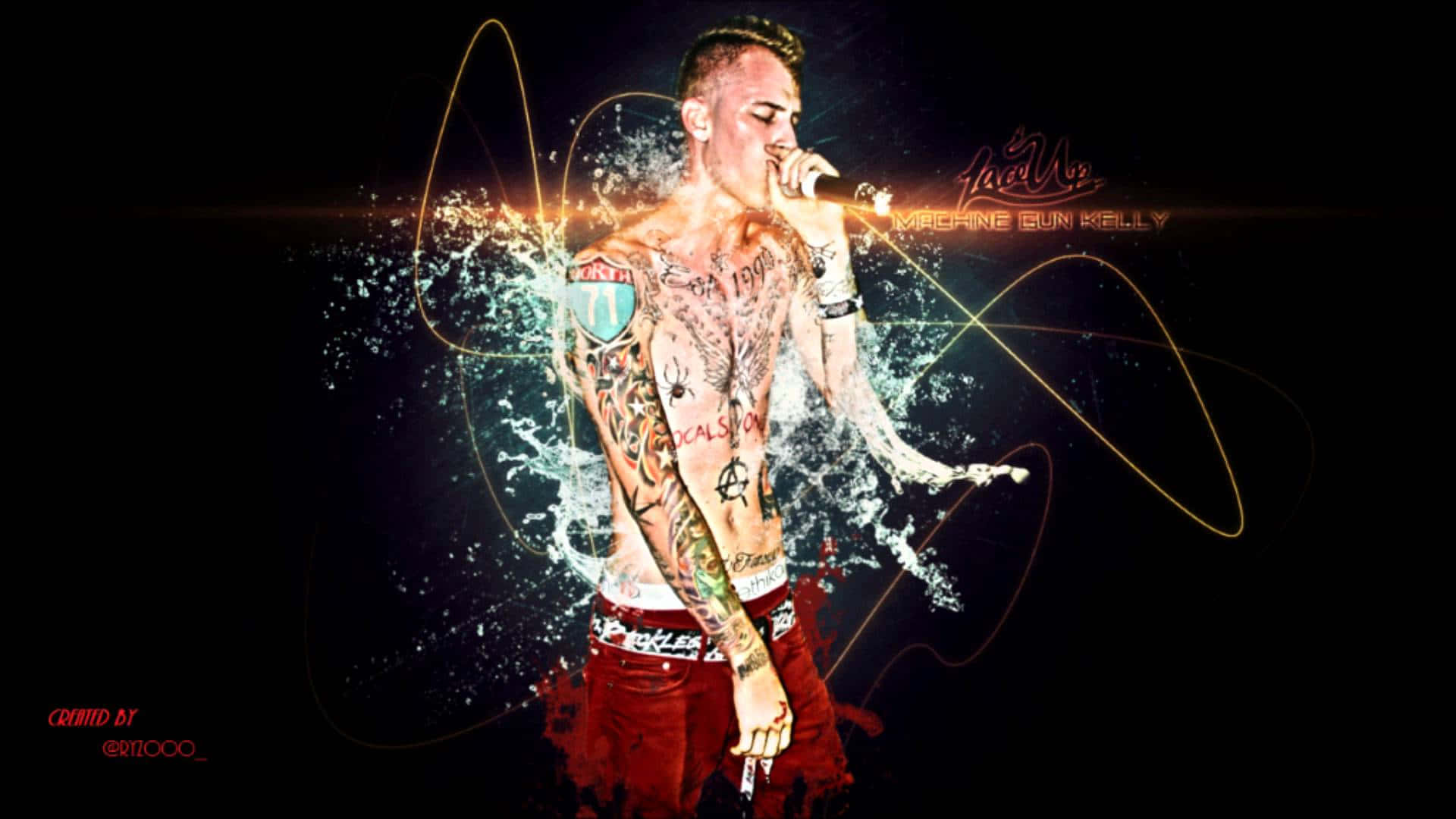 mgk 桌布 壁紙 — 一個有刺青的男人對著麥克風唱歌，水花在他周圍飛濺，背景是帶有發光線條的深色背景。