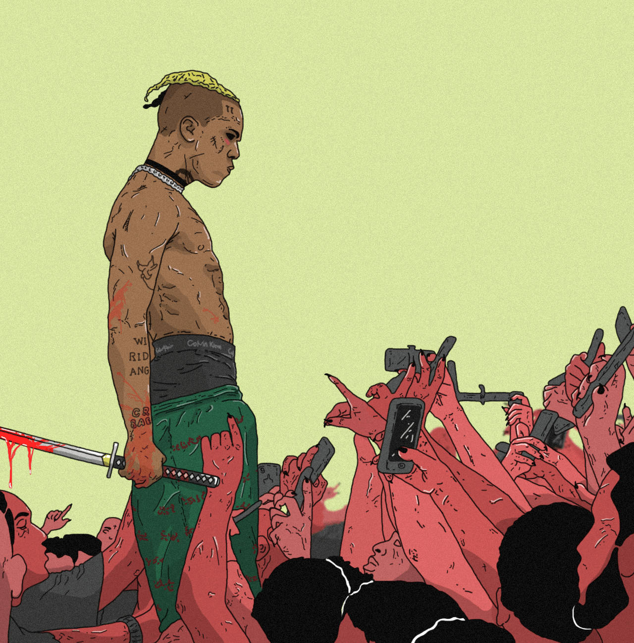 xxxtentacion 動畫 桌布 壁紙 — 一個有刺青的男人手持劍，站在一群拿著電話的紅色手掌之上，背景是淡綠色。