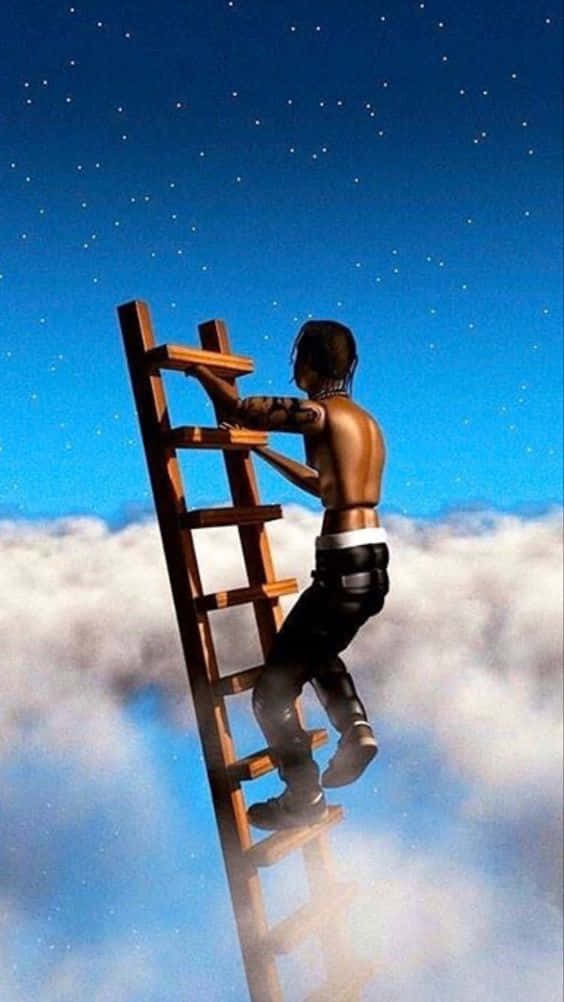 崔維斯·史考特 桌布 壁紙 — 一個有刺青的男人爬著木梯穿過雲層，朝向星空。