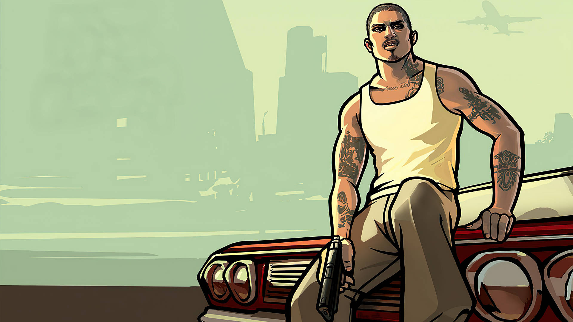 GTA 聖安地列斯 桌布 壁紙 — 一個有刺青的男人穿著背心，自信地坐在一輛紅色經典汽車上，手持槍枝，背景是朦朧的城市天際線。