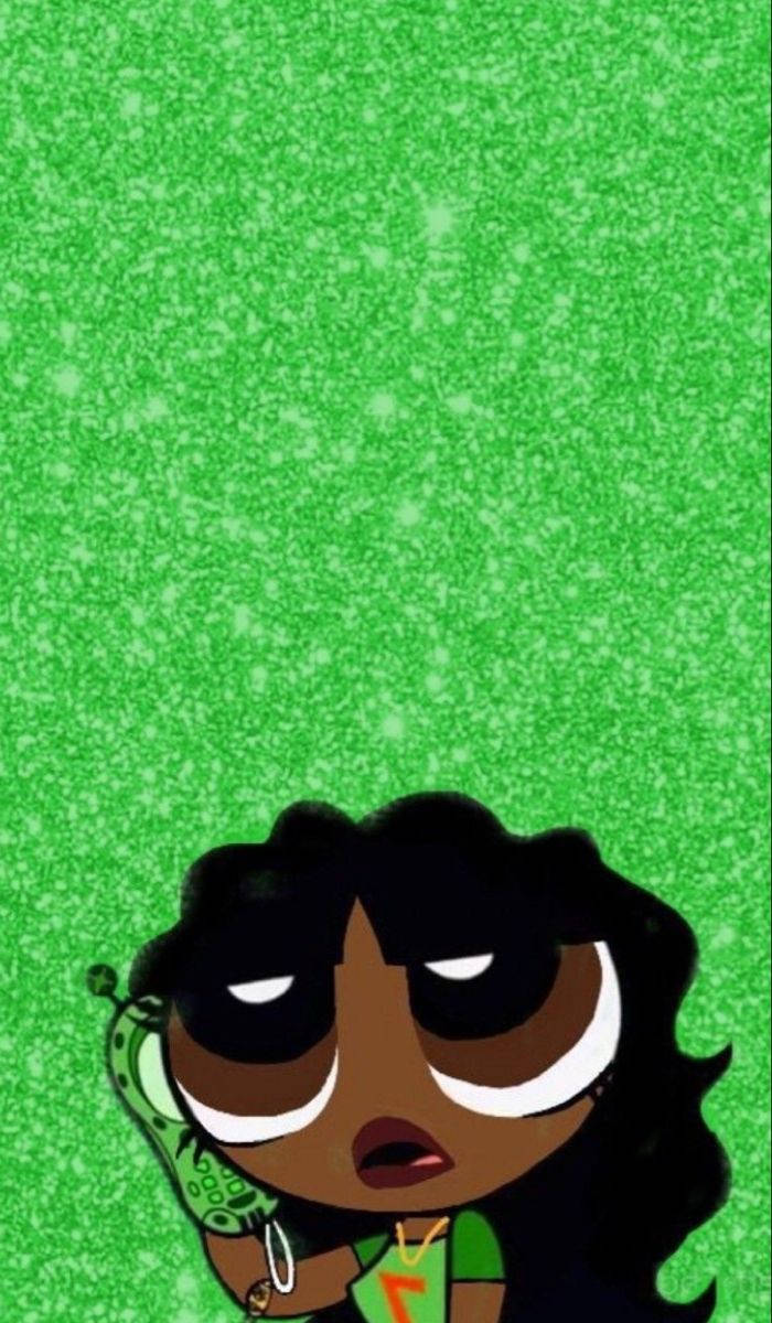 Powerpuff Girls 桌布 壁紙 — 一個有大眼睛和捲髮的卡通角色，在閃閃發光的綠色背景前拿著手機。