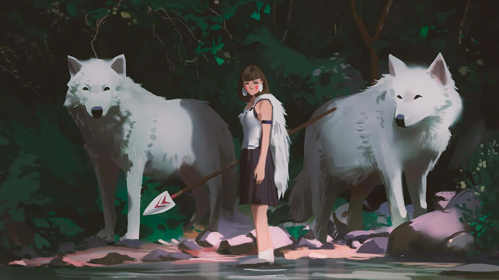Cute Aesthetic Anime Desktop 桌布 壁紙 — 一個有天使翅膀的年輕女孩平靜地站在兩隻雄偉的白狼之間，在陰暗的森林空地中。
