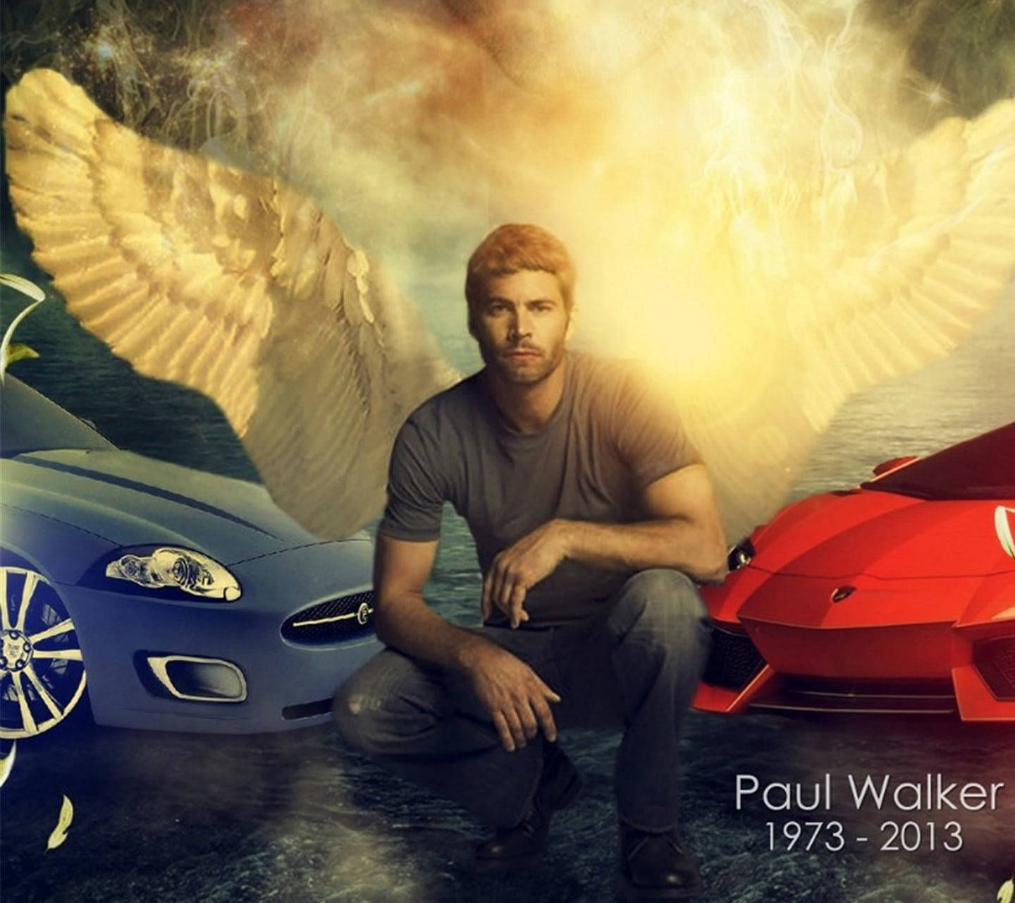 Paul Walker 桌布 壁紙 — 一個有天使翅膀的男人跪在一輛藍色和一輛紅色跑車之間，天空閃耀著金色光芒。