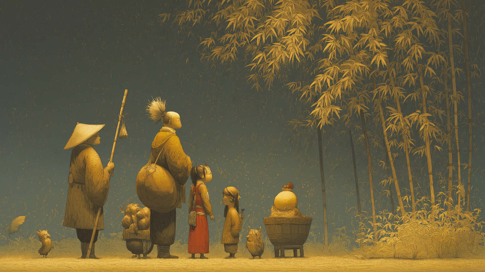 Traditional Tale Scene 壁紙 — 一個有小孩和小動物的旅行者家庭在黃昏時沿著金色竹樹下的小路行走。