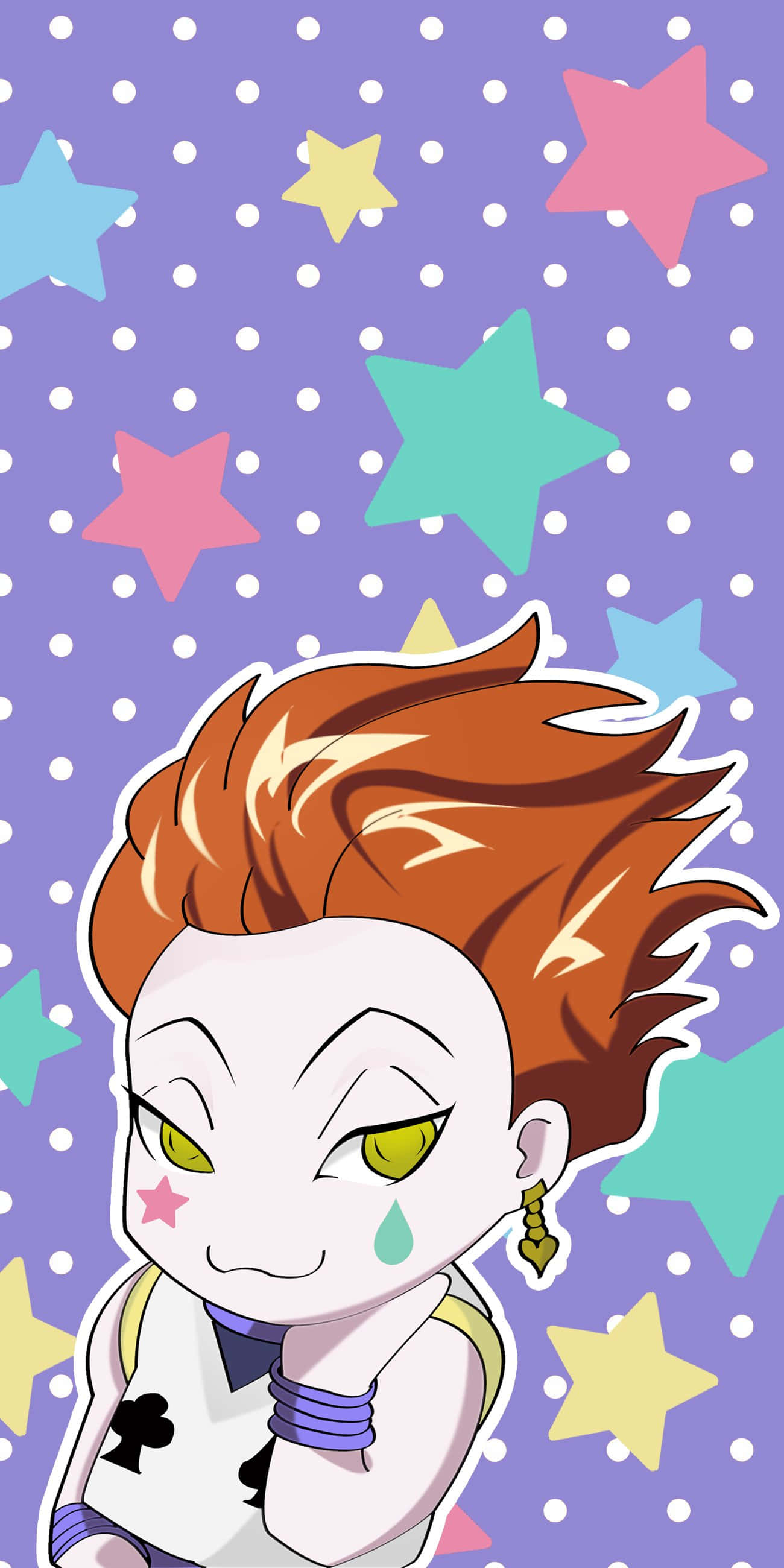 Hisoka Morow 桌布 壁紙 — 一個有尖刺橙色頭髮和綠色眼睛的Q版動漫角色，在紫色背景上帶著彩色星星和白色圓點，微笑著流下一滴眼淚。