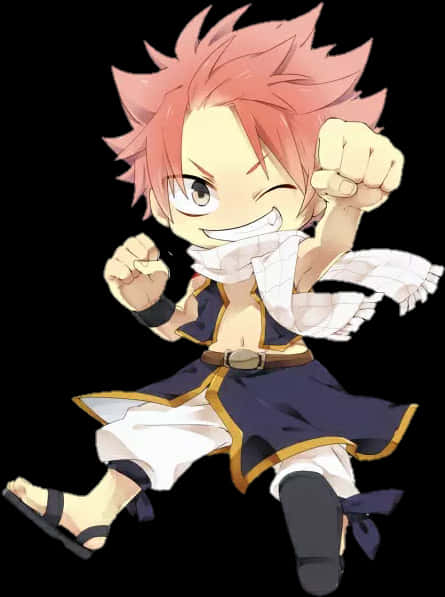 Natsu 桌布 壁紙 — 一個有尖刺粉紅色頭髮和白色圍巾的Q版動畫男孩，在黑色背景上開心地出拳。