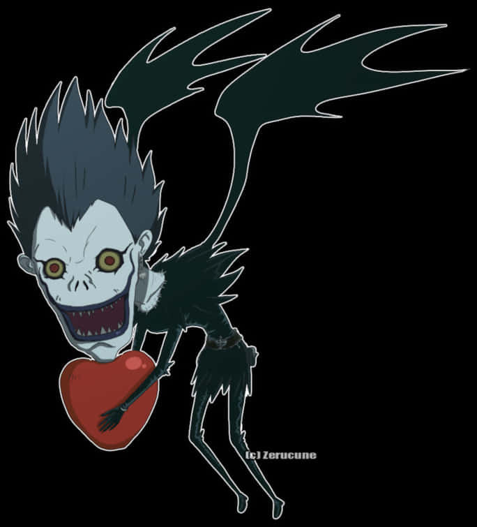 Death Note Ryuk 桌布 壁紙 — 一個有尖刺頭髮和蝙蝠翅膀的Q版動漫角色在黑色背景前拿著一顆紅心。