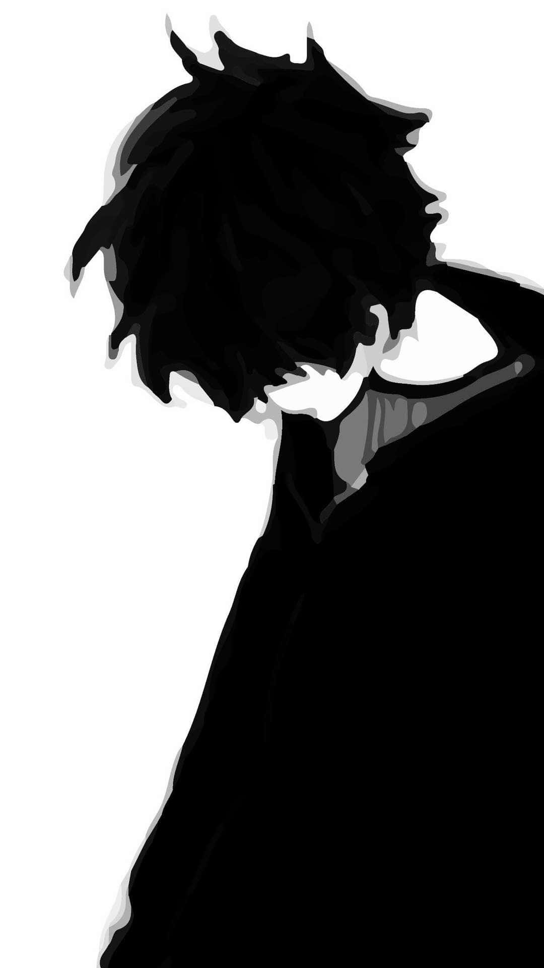 depressed anime 桌布 壁紙 — 一個有尖刺頭髮的人物從背後觀看的風格化黑色剪影，背景為純白色。