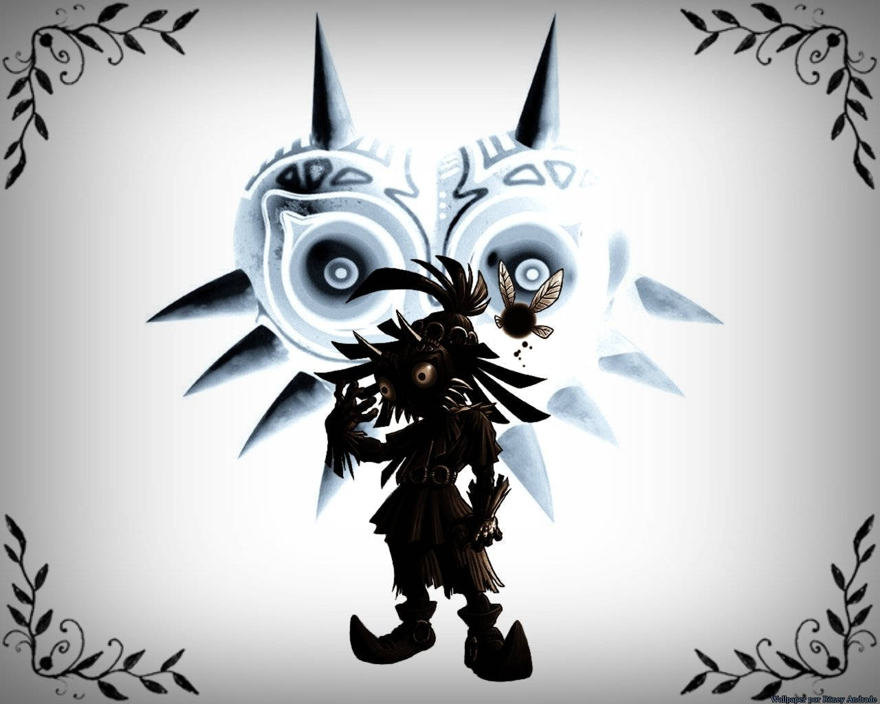 Majora's Mask 桌布 壁紙 — 一個有尖刺頭髮的角色的黑暗剪影站在兩個發光的藍色面具前面，面具上有尖銳的尖刺和華麗的圖案。