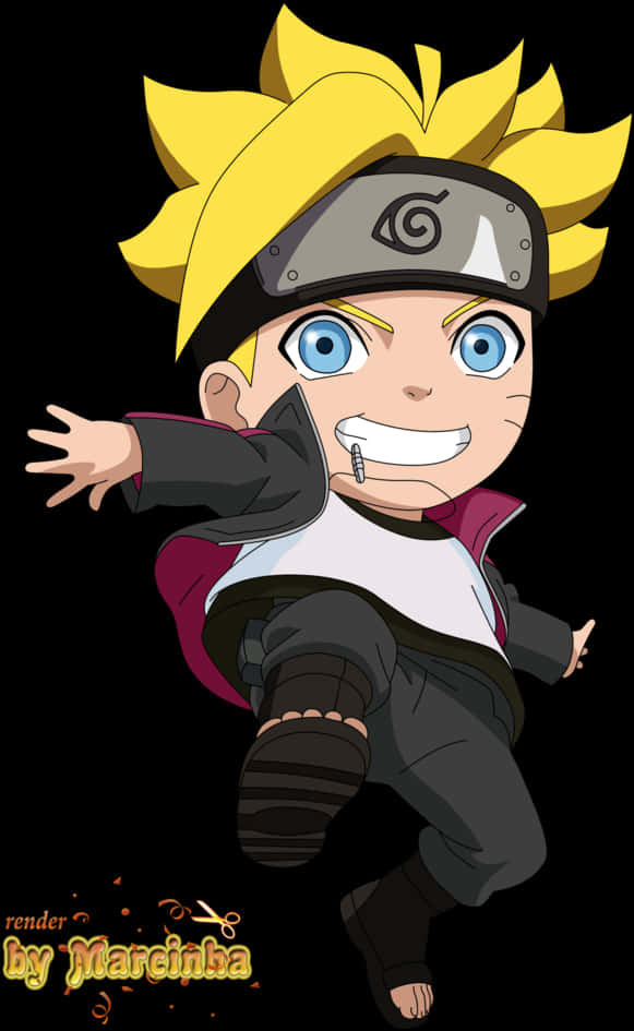Anime Chibi 桌布 壁紙 — 一個有尖刺黃色頭髮和藍色眼睛的Q版動畫男孩，在黑色背景上戴著忍者頭帶歡快地跳躍。