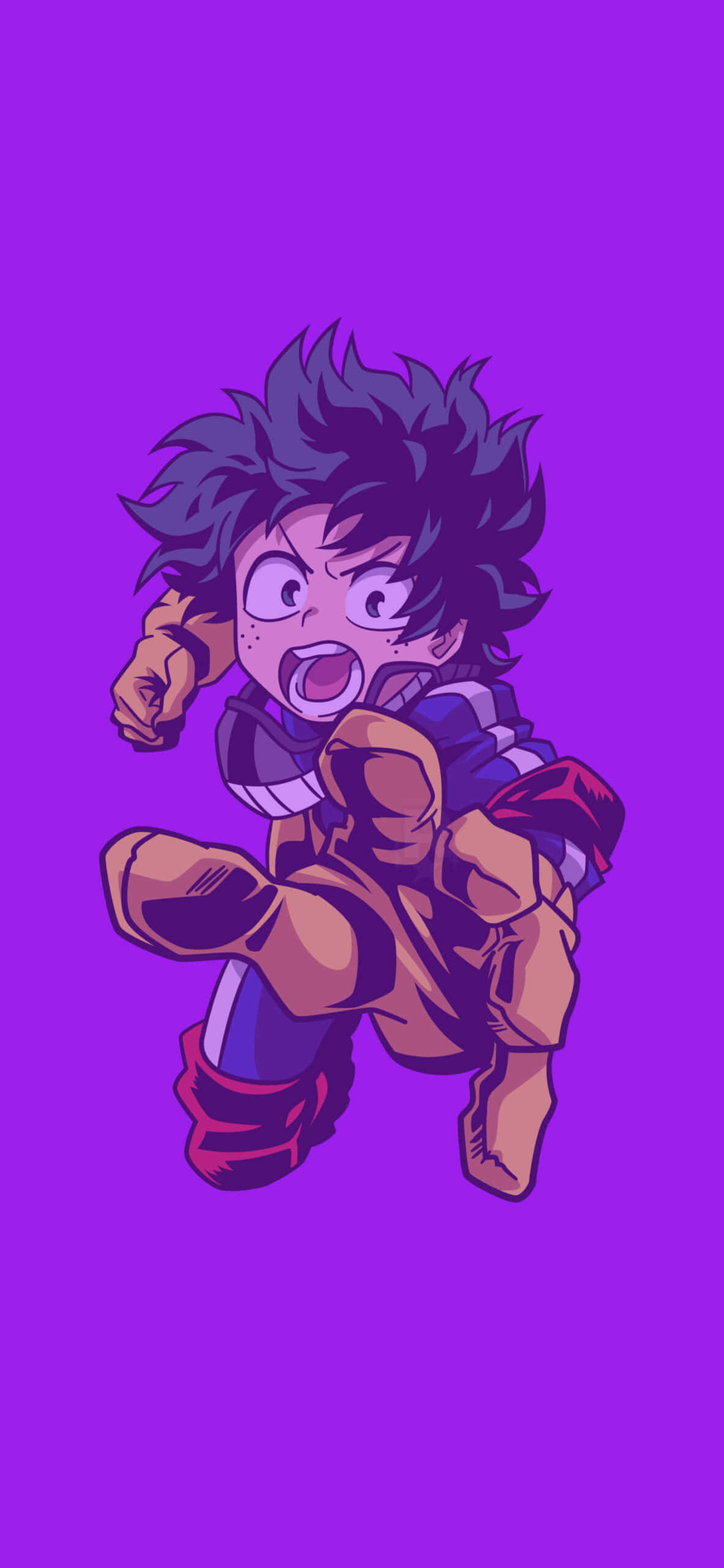 Mha 桌布 壁紙 — 一個有尖刺黑髮和堅定表情的Q版動漫男孩，在純紫色背景上向前跳躍。