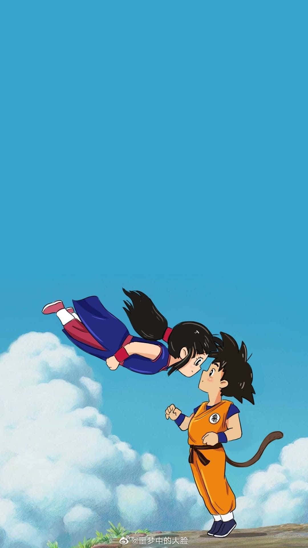 悟空 桌布 壁紙 — 一個有尾巴的年輕動漫男孩站在懸崖上，一個女孩在藍天白雲的背景下向他飛來。