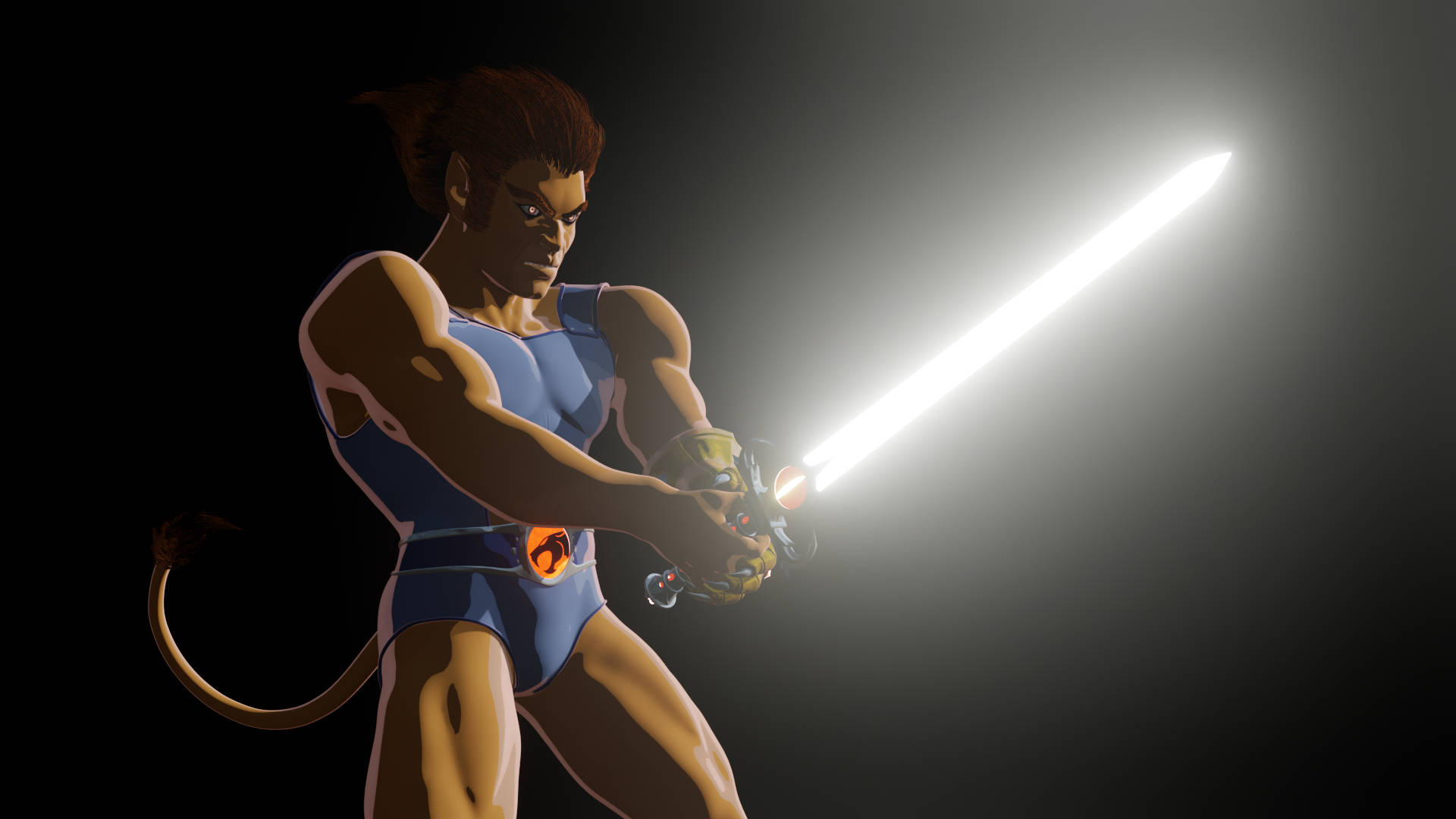Thundercats 桌布 壁紙 — 一個有尾巴的肌肉發達動漫戰士，在深色漸變背景上揮舞著發光的劍。