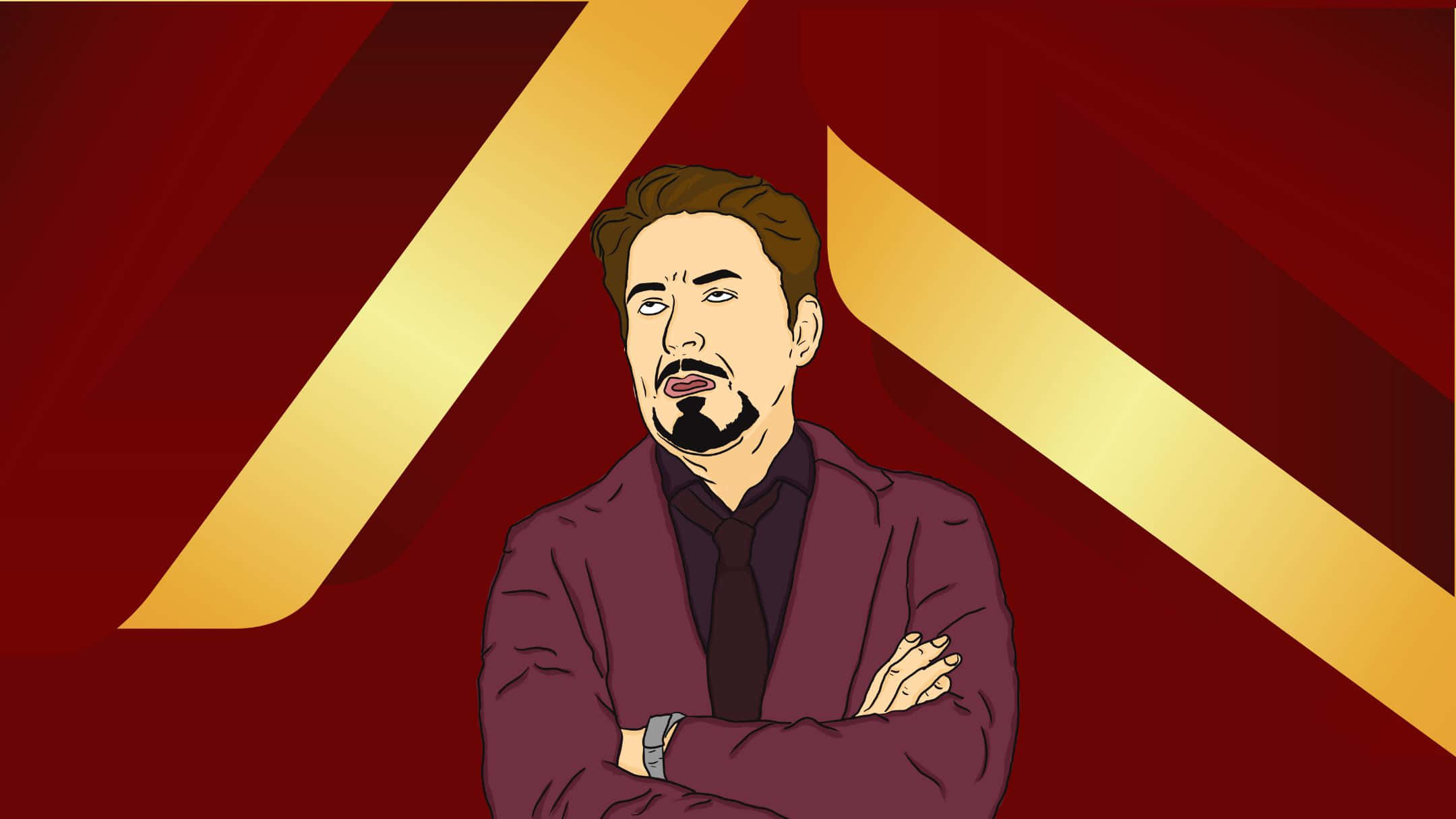 Best Marvel 桌布 壁紙 — 一個有山羊鬍、雙臂交叉的男士的風格化插圖，背景是大膽的紅色和金色幾何圖案。