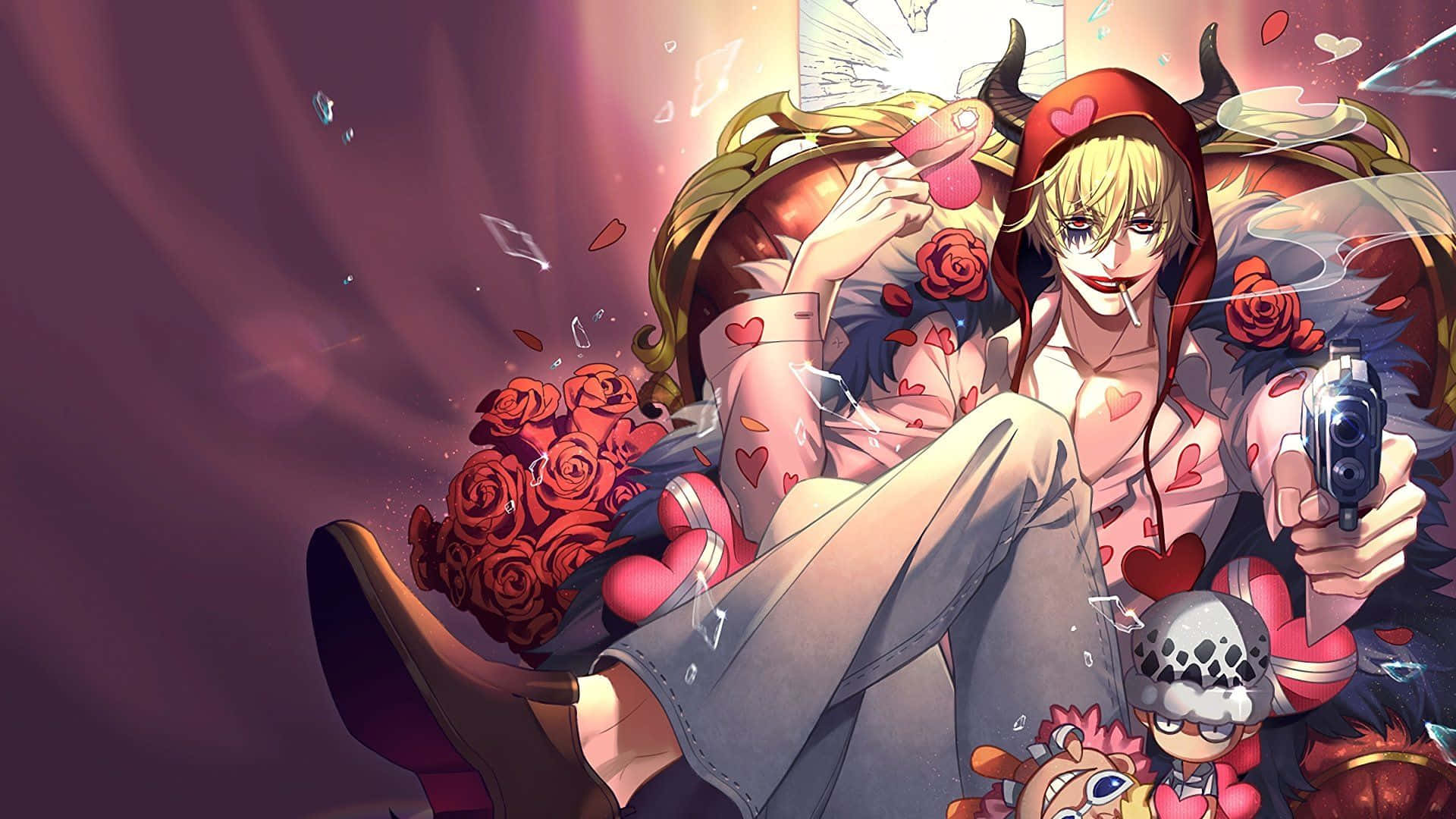 Donquixote Doflamingo 桌布 壁紙 — 一個有惡魔角的動漫角色懶洋洋地坐在心形椅子上，拿著一把槍和一朵玫瑰，同時一個小生物抬頭看著。