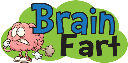 Fart 桌布 壁紙 — 一個有手有腳的卡通大腦，在『Brain Fart』文字旁邊放出一個屁雲，表情震驚。