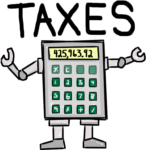 taxes 桌布 壁紙 — 一個有手有腳的卡通計算機自豪地在其螢幕上顯示數字 425963.92。