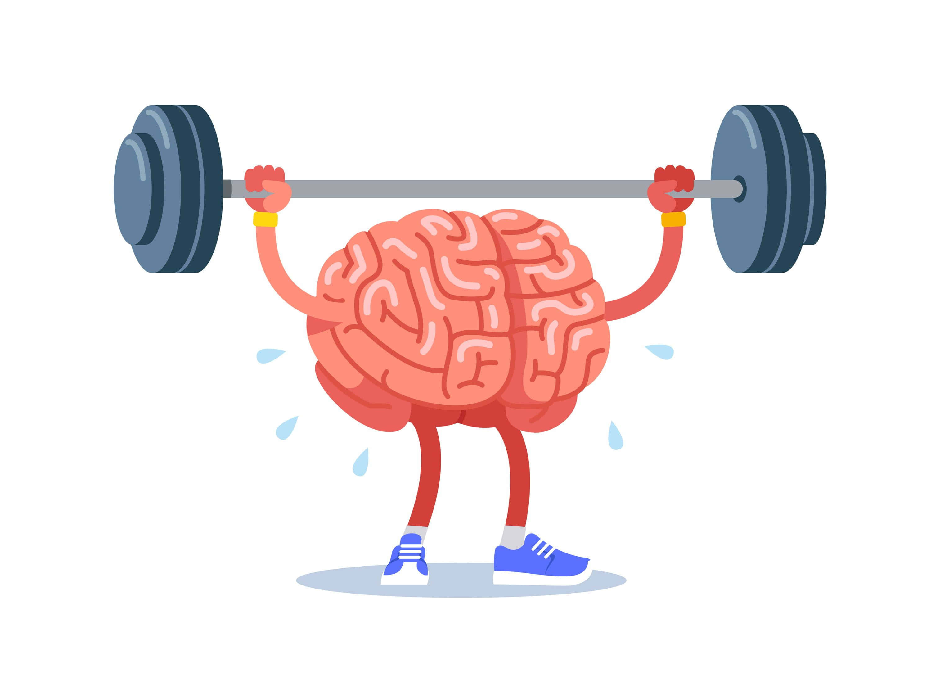 Brain 桌布 壁紙 — 一個有手腳和運動鞋的卡通大腦，在白色背景前大汗淋漓地舉起一個沉重的槓鈴。