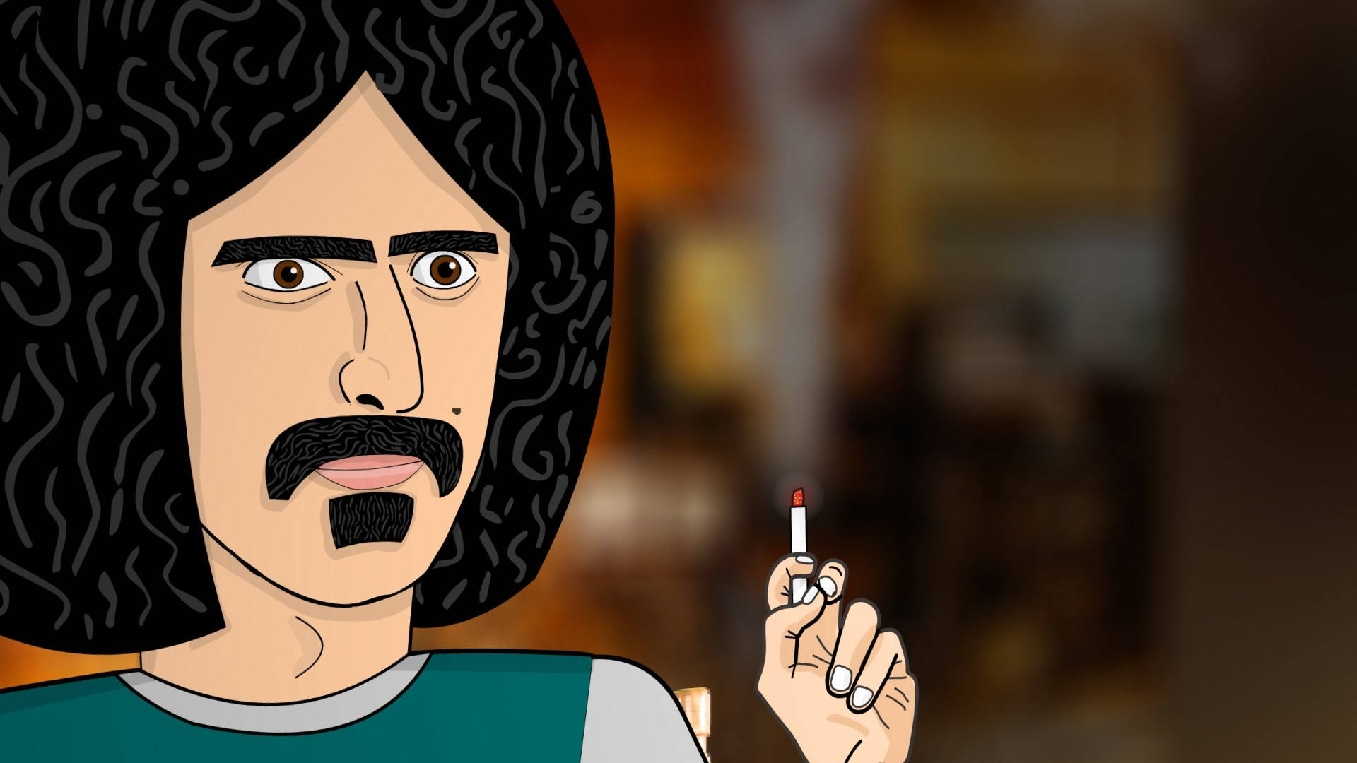 Zappa 桌布 壁紙 — 一個有捲髮和鬍鬚的卡通男人在溫暖模糊的背景前拿著點燃的香煙。