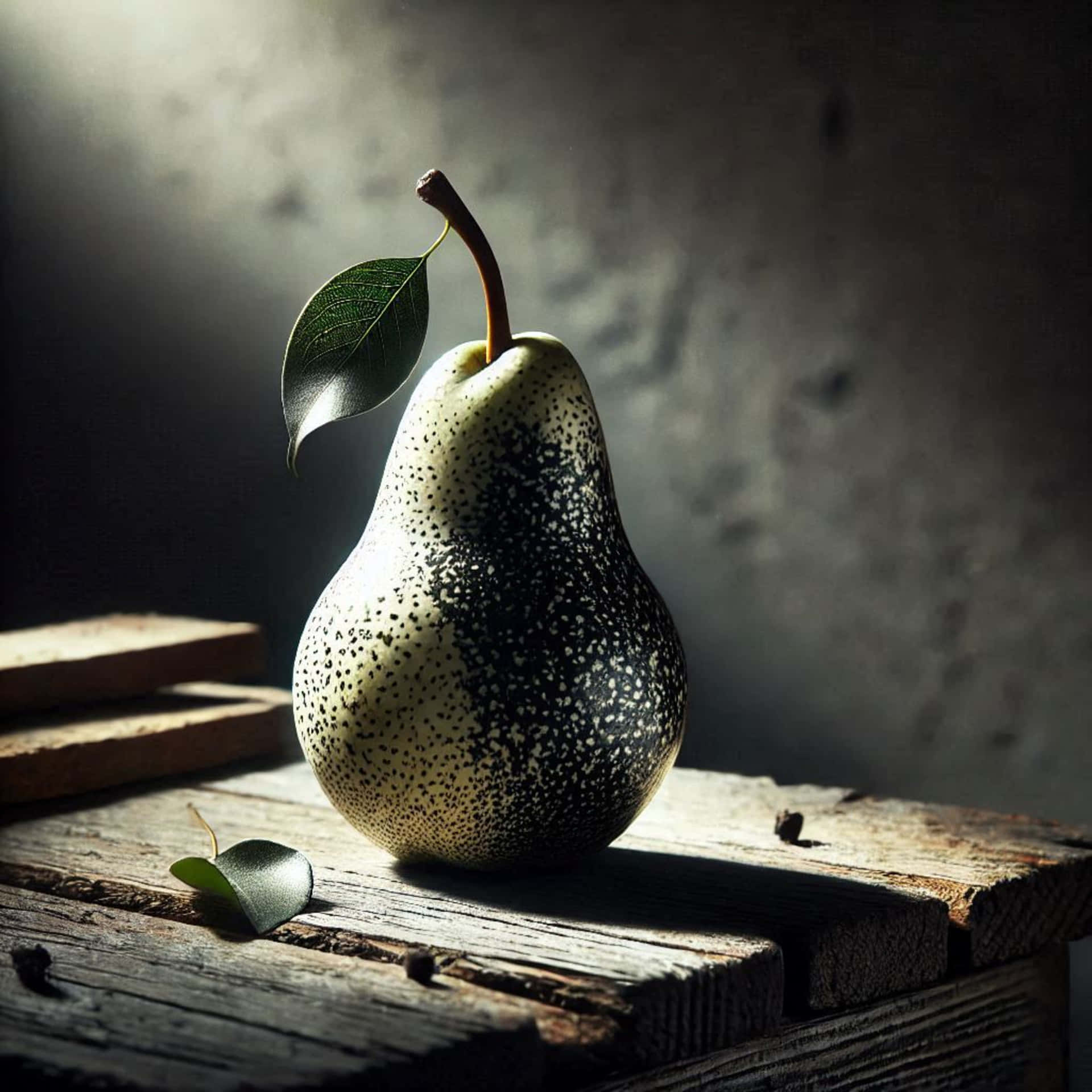 Dark background pear 壁紙 — 一個有斑點的梨，帶有一片葉子，放在經風化的木質表面上，沐浴在戲劇性的側光中。