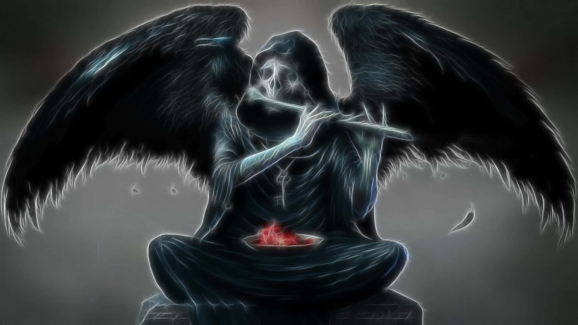 死亡 桌布 壁紙 — 一個有暗色翅膀的骨骼人物，帶有發光的藍色血管，盤腿而坐，膝上放著一個發光的紅色心臟，正在吹奏長笛。