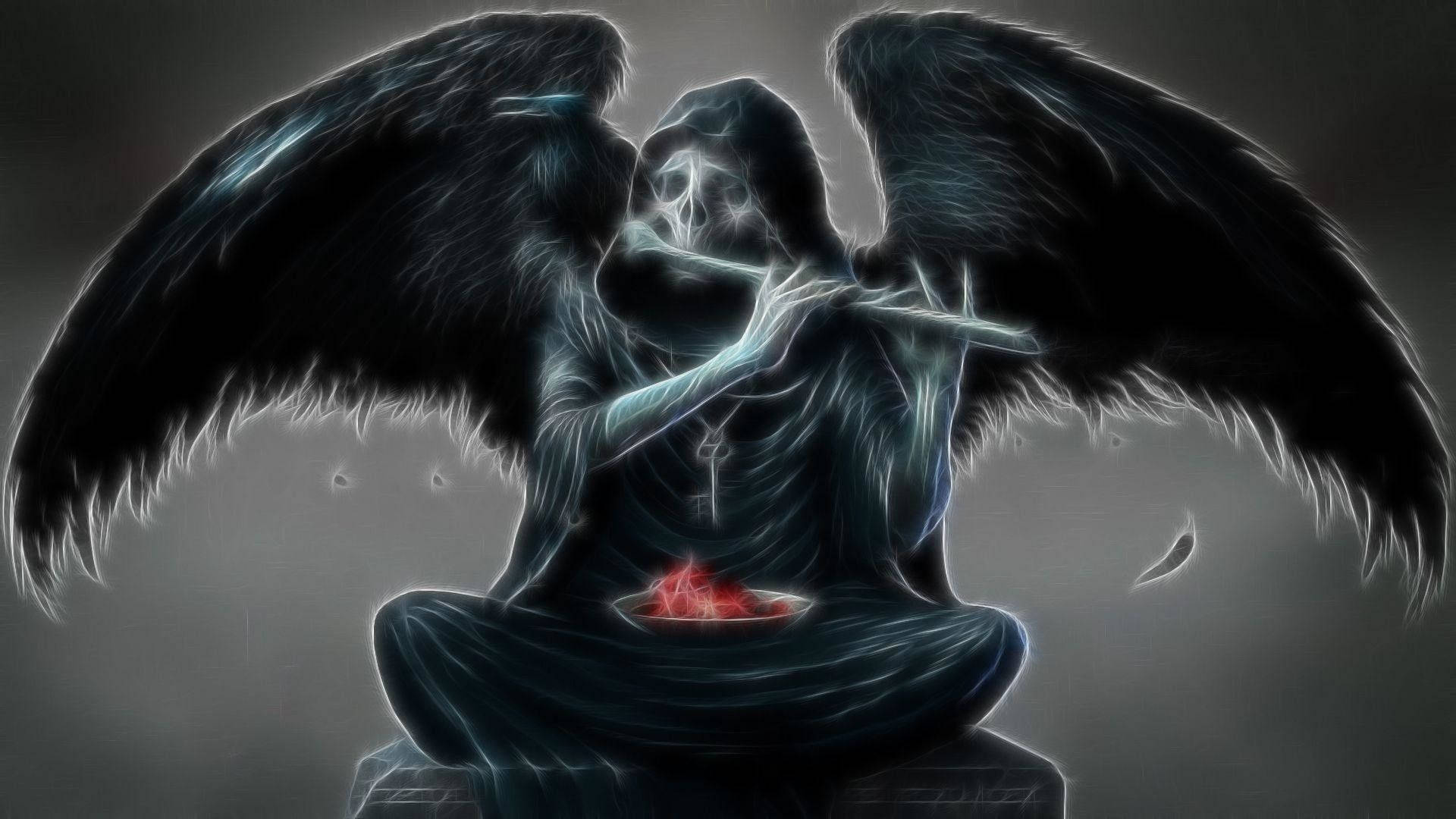 angels 桌布 壁紙 — 一個有暗色翅膀的骷髏人物，帶有發光的藍色血管，盤腿而坐吹奏長笛，同時一個紅色的心臟在其膝上燃燒，背景為灰色。