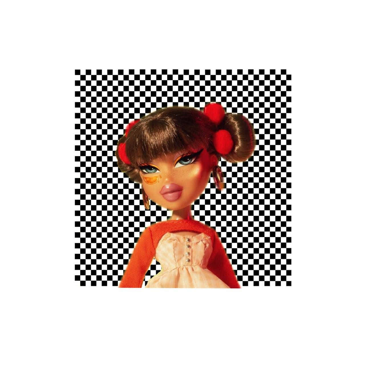 Bratz 桌布 壁紙 — 一個有棕色頭髮紮成雙馬尾並繫上紅色蝴蝶結的玩偶，穿著橙色上衣，背景是黑白格紋。