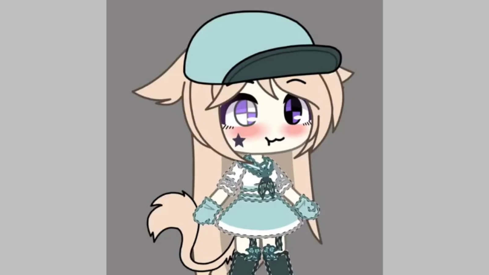 Gacha 桌布 壁紙 — 一個有狐狸耳朵和尾巴的Q版動漫女孩，戴著淺藍色帽子，穿著相配的服裝，背景是純灰色。