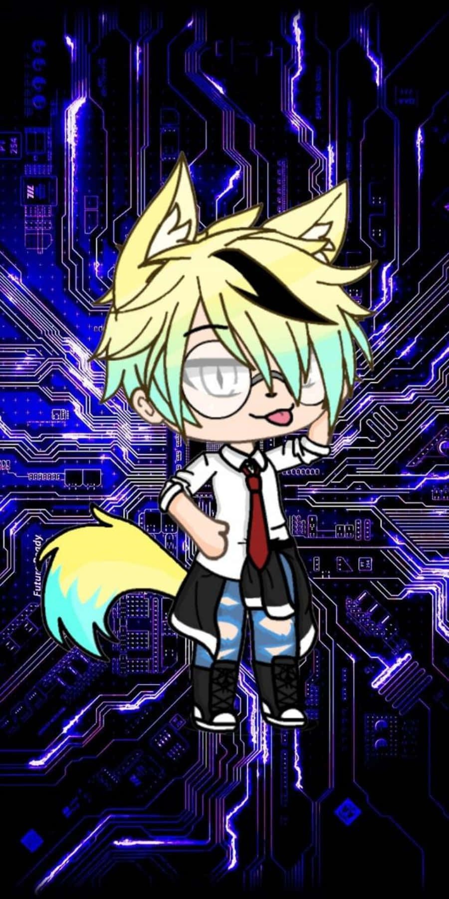 Gacha Life 桌布 壁紙 — 一個有狐狸耳朵和尾巴的Q版動漫角色自信地站在發光藍色電路板背景前。