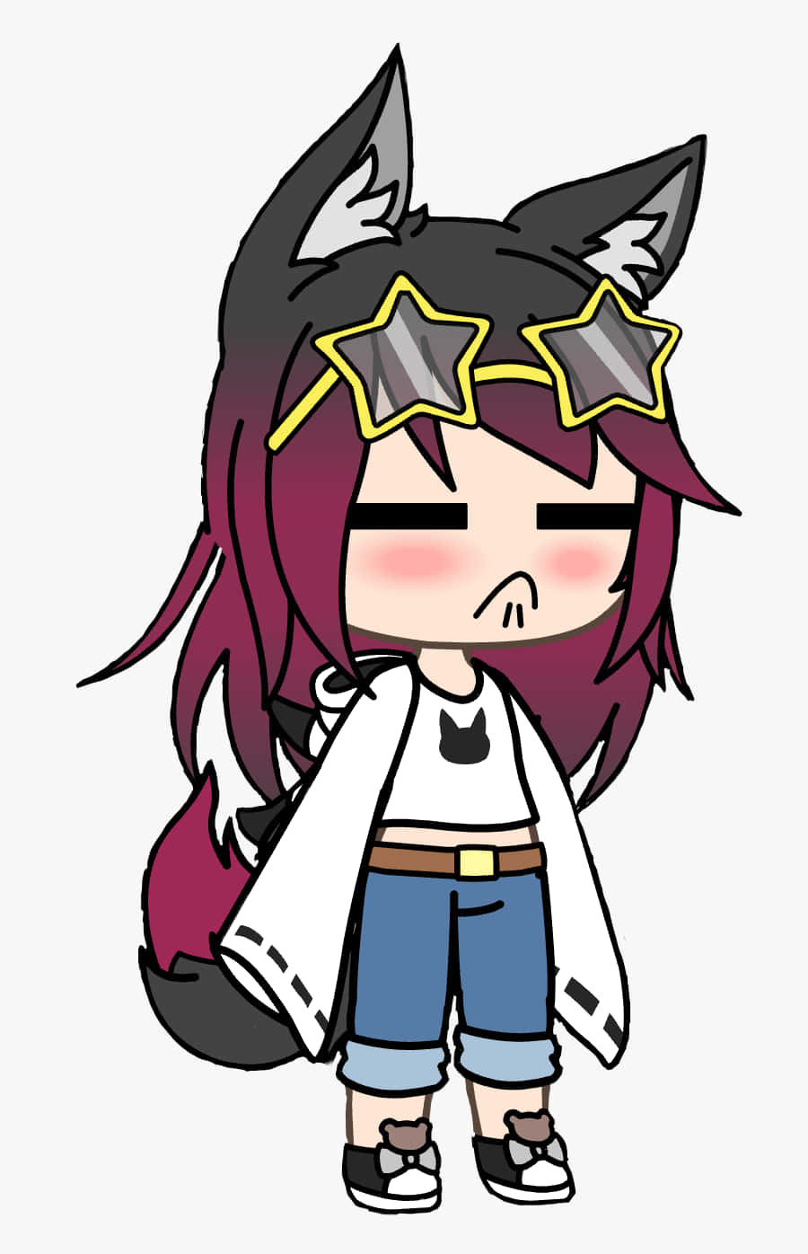 Gacha 桌布 壁紙 — 一個有狐狸耳朵和星形眼鏡的Q版動漫女孩，帶著嘟嘴的表情站著。