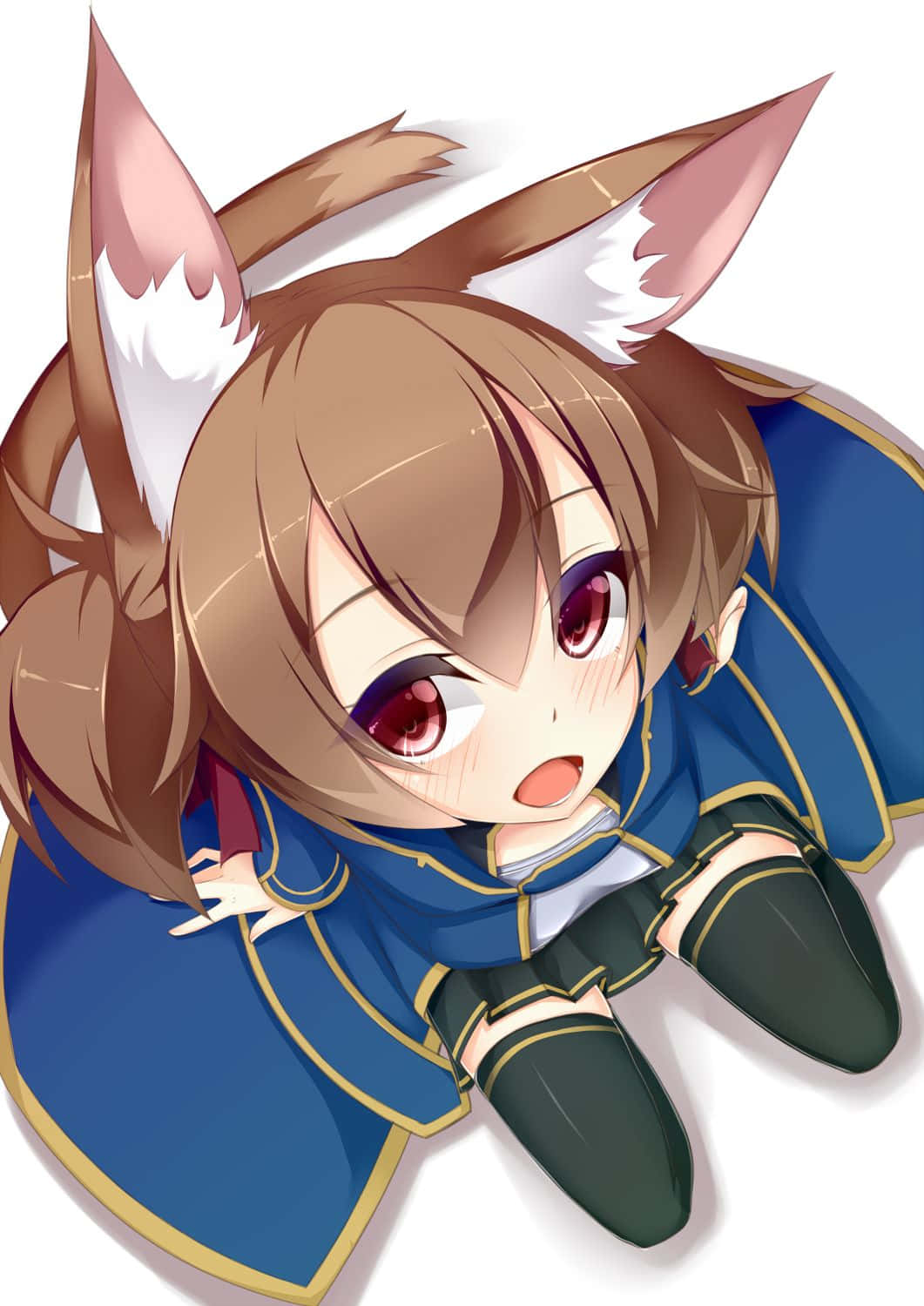 Sword Art Online Silica 桌布 壁紙 — 一個有狐狸耳朵和紅眼睛的Q版動漫女孩穿著藍色制服，抬頭露出驚訝的表情。