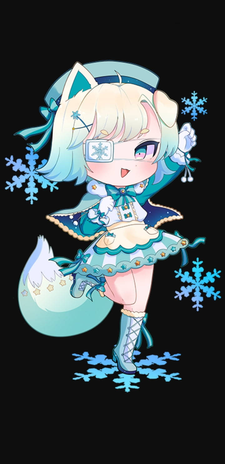 club 桌布 壁紙 — 一個有狐狸耳朵和雪花單片眼鏡的Q版動漫女孩在黑色背景上漂浮的藍色雪花中跳舞。