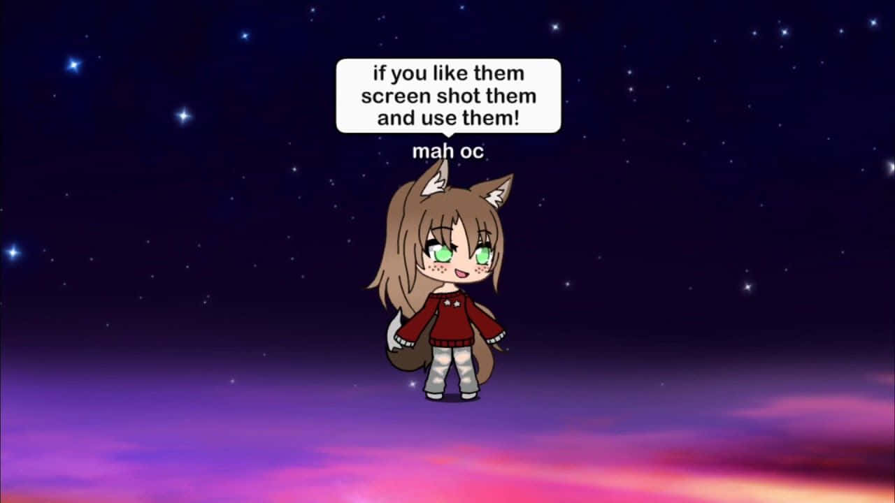 Gacha Life Funny 桌布 壁紙 — 一個有狐狸耳朵的Q版動漫女孩站在星空暮色天空下，天空有紫色和粉紅色的雲。