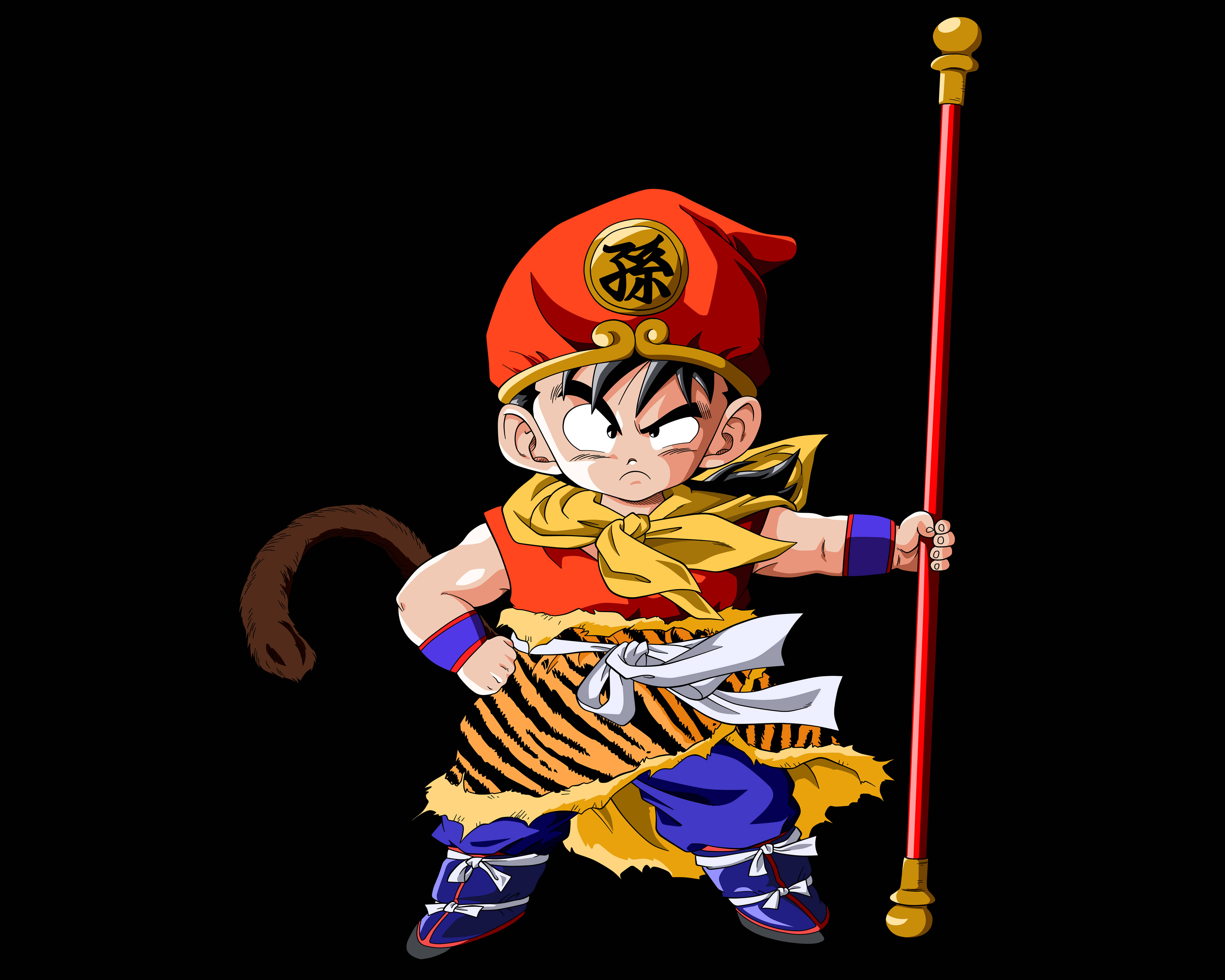 Gohan 桌布 壁紙 — 一個有猴子尾巴的Q版動漫戰士在黑色背景上揮舞紅色棍棒。
