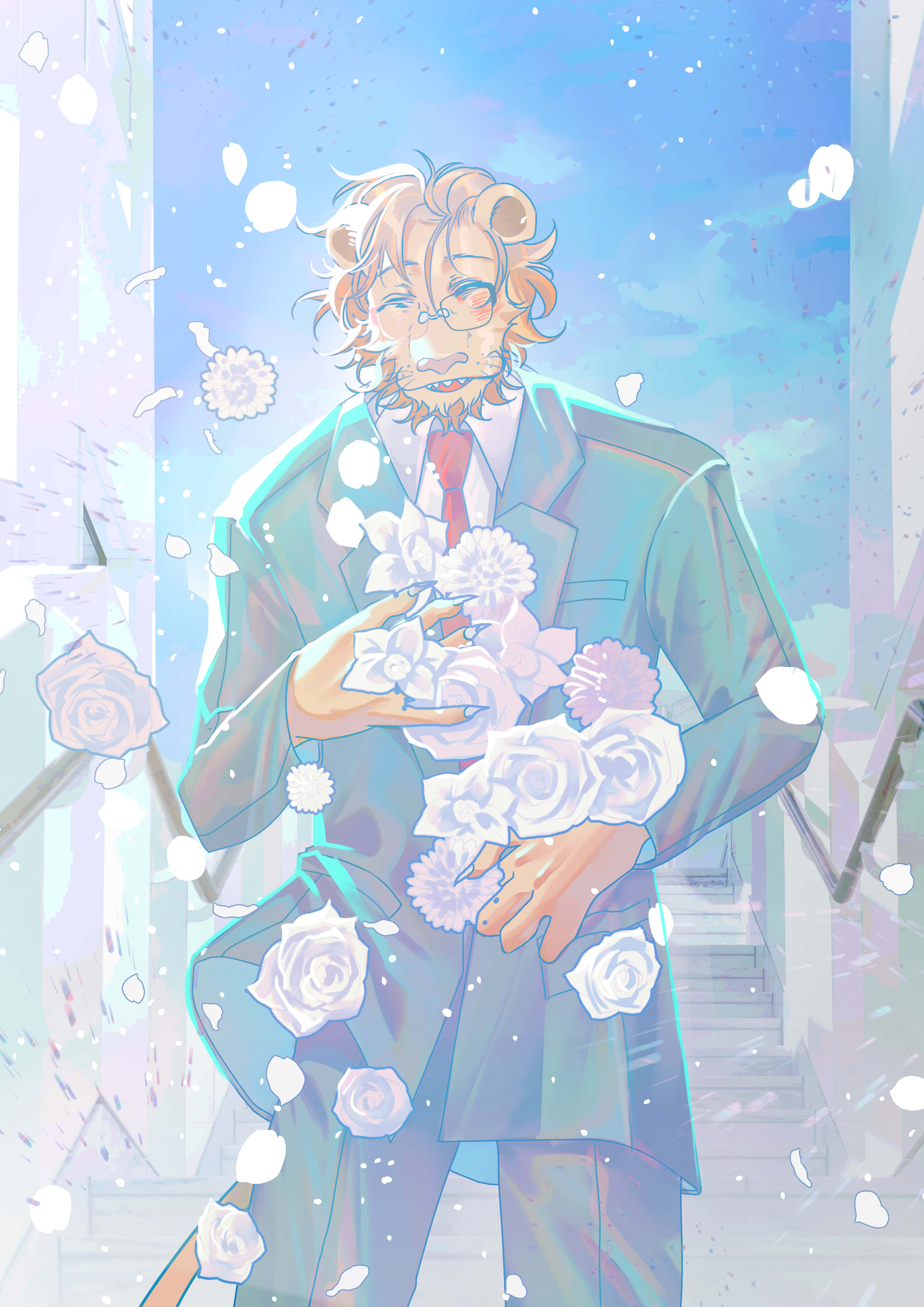 獸星 桌布 壁紙 — 一個有獅子耳朵的動漫男人穿著青綠色西裝，手持白玫瑰，花瓣在粉藍色的天空中飄浮在他周圍。