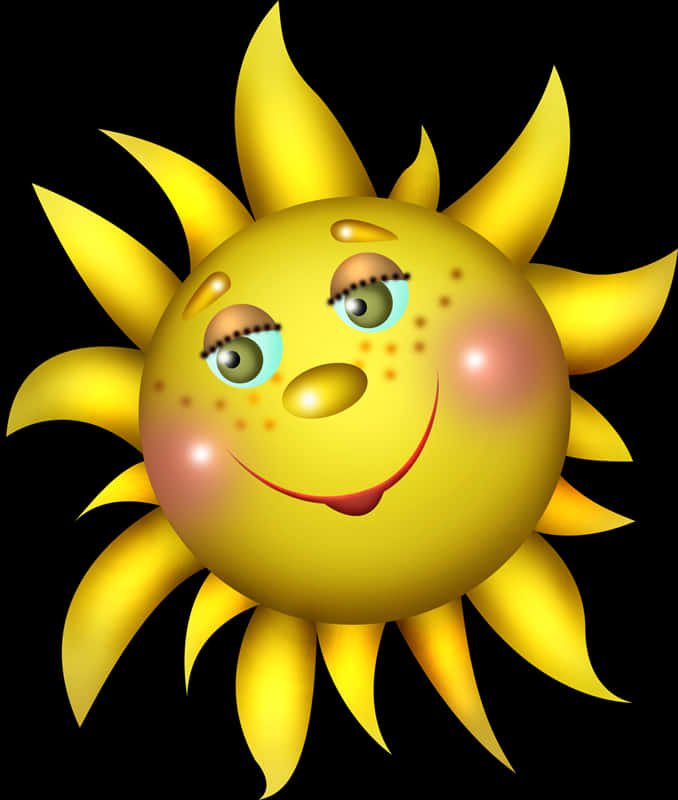 太陽 桌布 壁紙 — 一個有玫瑰色臉頰和眨眼眼睛的歡樂卡通太陽在黑色背景上閃耀。
