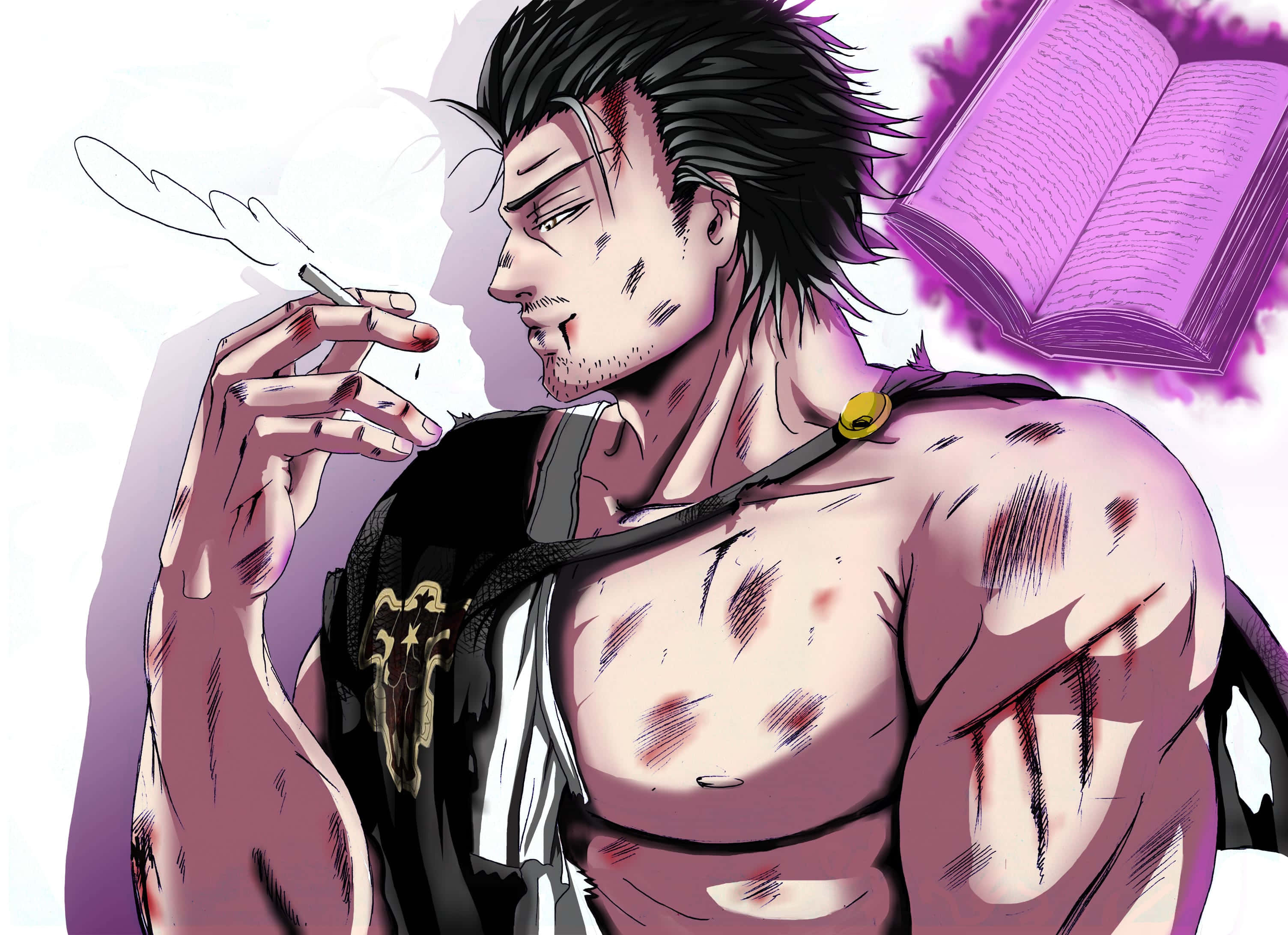 Black Clover Yami 桌布 壁紙 — 一個有疤痕的肌肉動漫男人在發光的紫色書本旁邊抽煙。