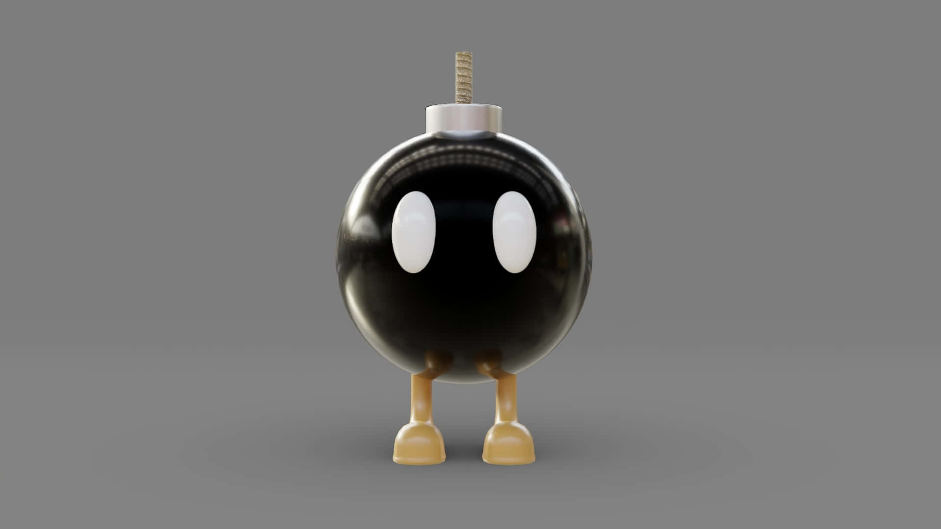 Bob-omb 桌布 壁紙 — 一個有白色眼睛和淺棕色腿的光澤黑色卡通炸彈，站在純灰色背景前。